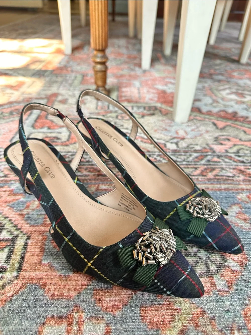 Charter Club Tartan Plaid Jeweled Bow Slingback Kitten Heels Pumps 9M